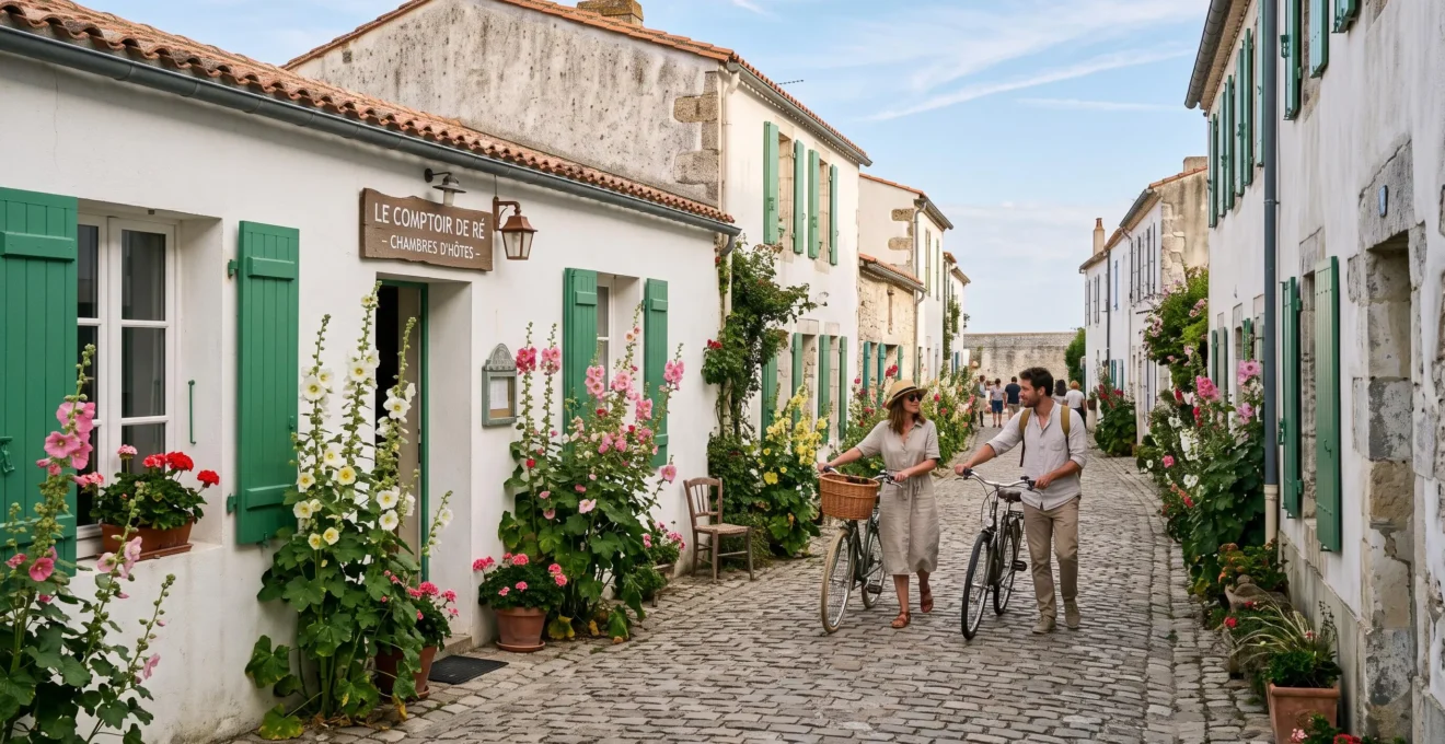 A couple with bicycles walks past a whitewashed guesthouse on Île de Ré.