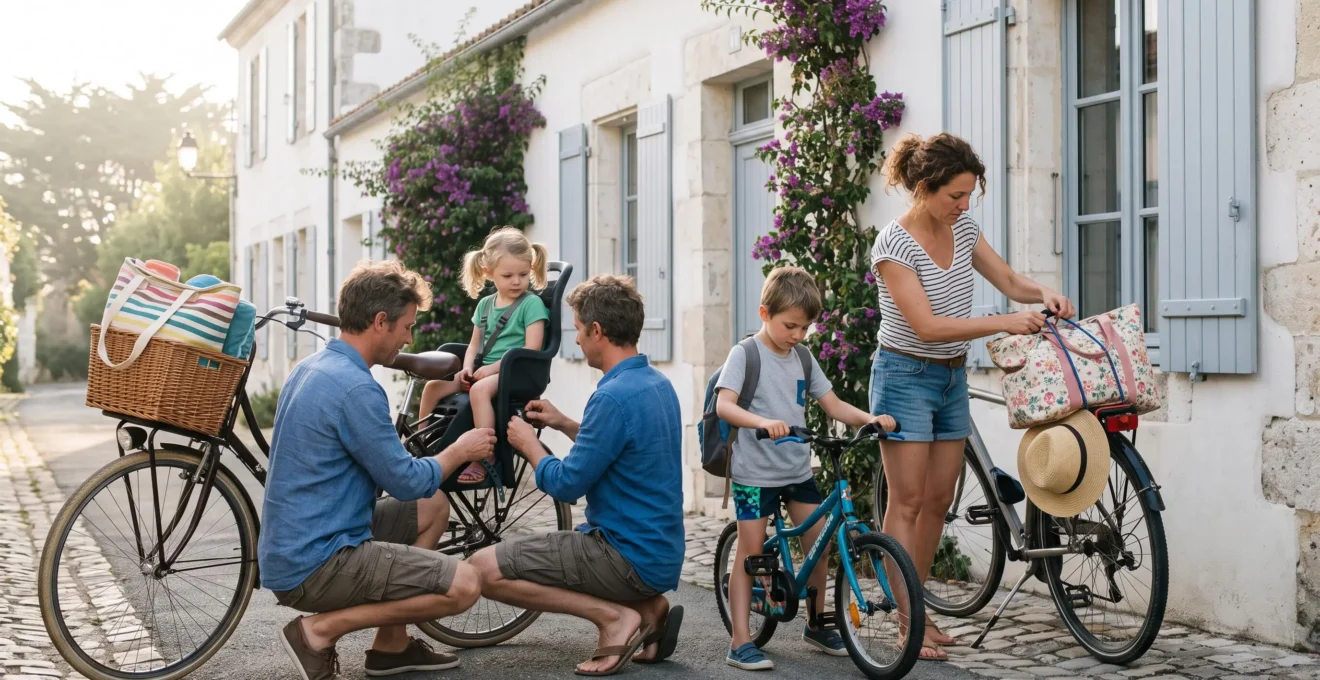 A family loads bicycles with beach bags in a quiet village lane.