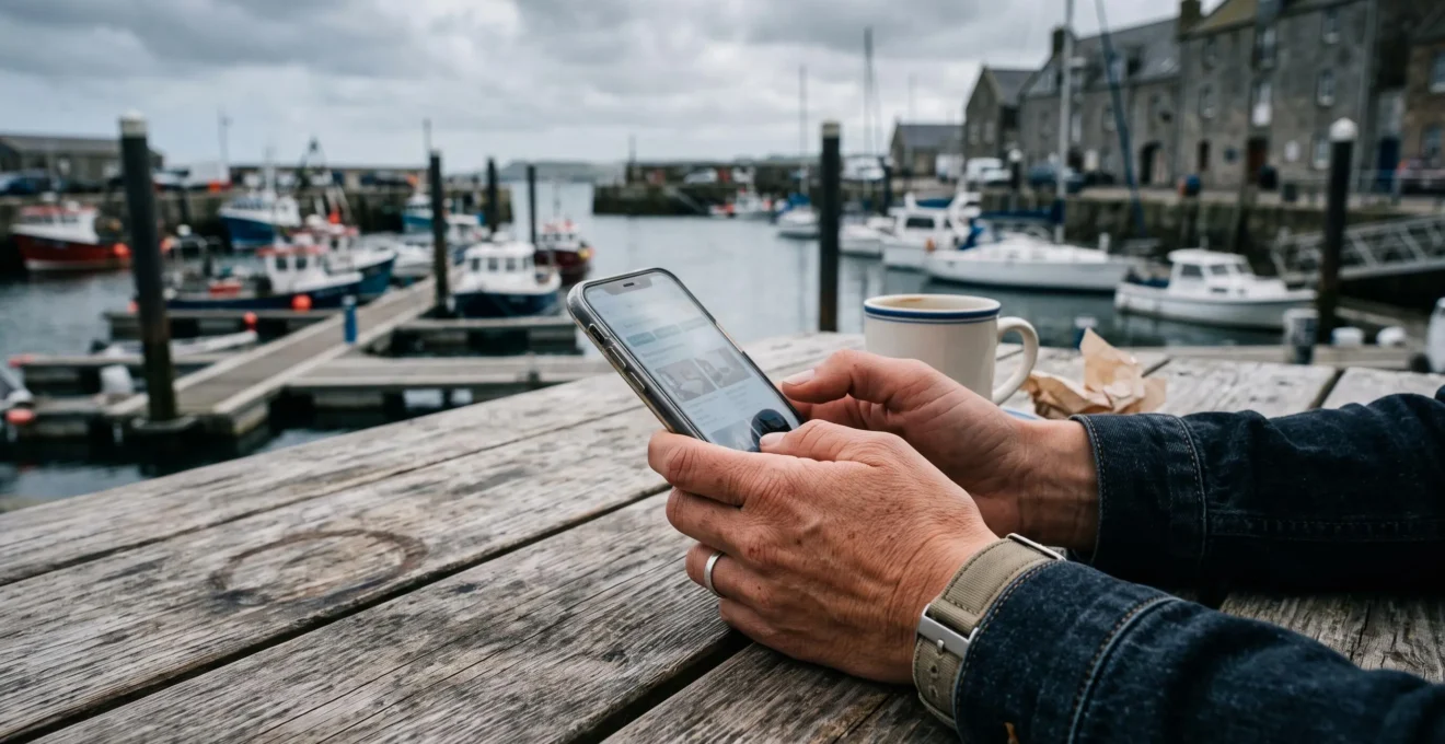Traveller's hands compare accommodation listings on a phone at a harbour café.