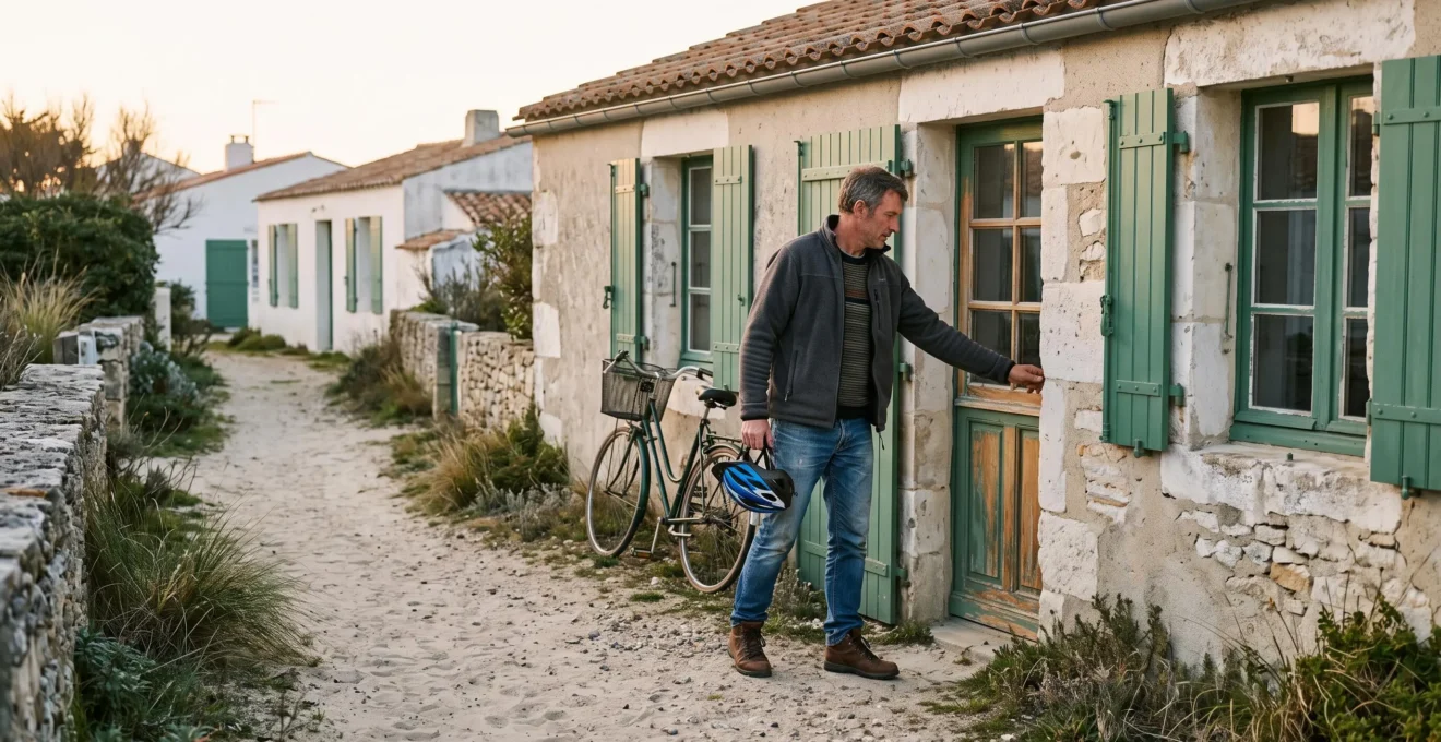 A man with a bike helmet closes the door of a rental cottage.